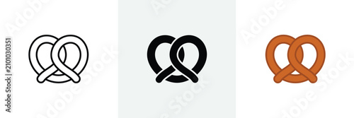 Pretzel icon set, outline, solid black, and brown color, baked snack symbol.