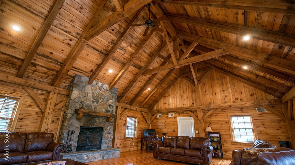 Obraz premium Cozy Rustic Log Cabin Living Room with Stone Fireplace and Exposed Timber Beams