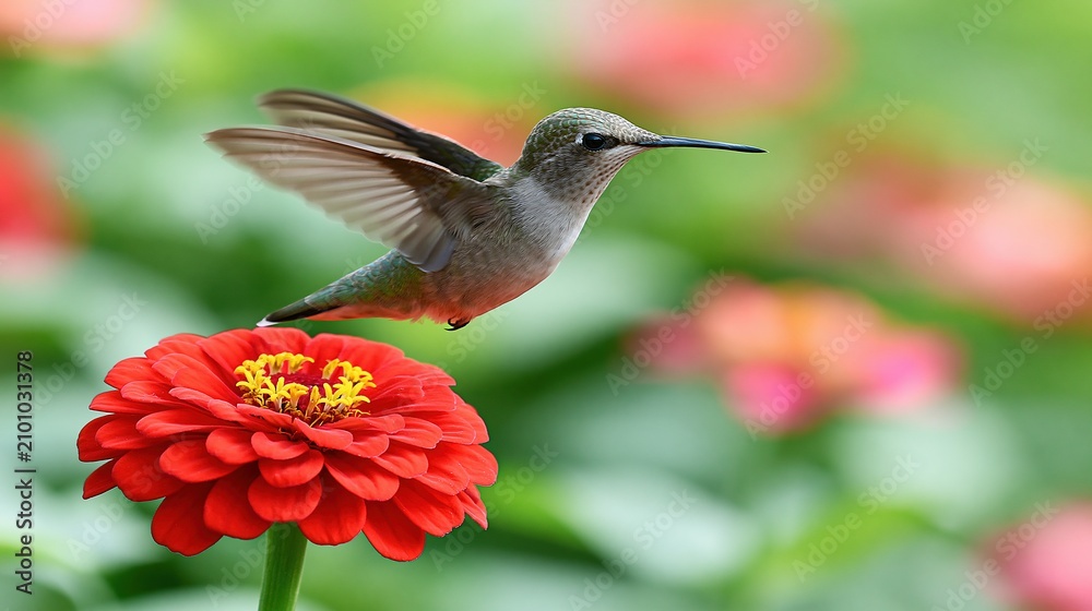 Fototapeta premium Tiny hummingbird hovering near vibrant red zinnia flower with soft focus garden background