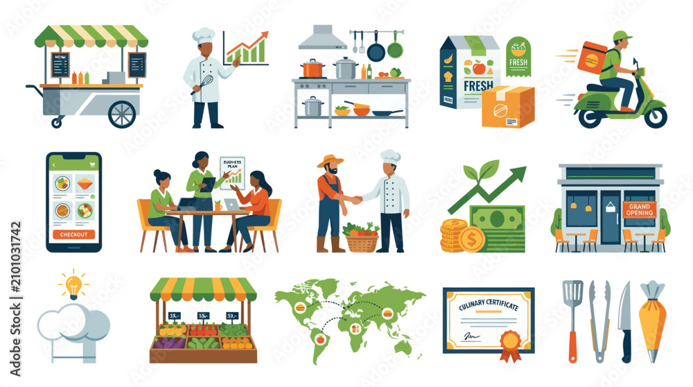 Fototapeta premium Flat Vector Food Service Delivery Icons - Food Cart, Chef, App, Store