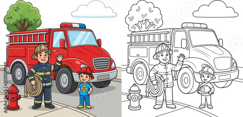 Fotografía friendly firefighter standing beside a modern fire engine transport vehicle cart