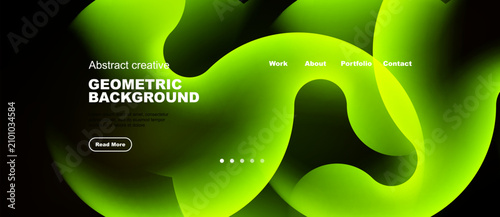 Abstract green fluid shapes dominate dark background. Website header includes...