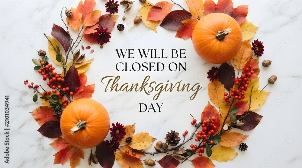 Obraz premium Thanksgiving closure announcement with autumn decor festive holiday message