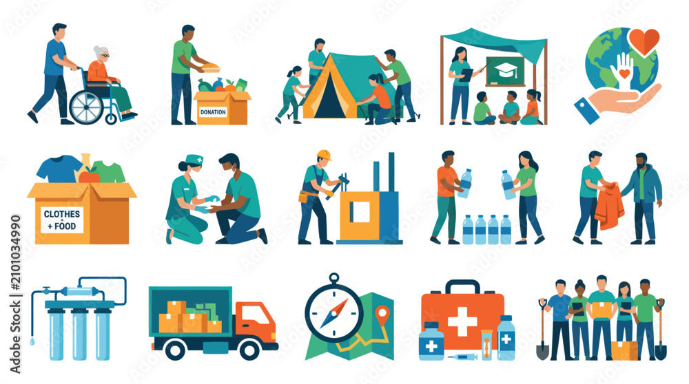 Fototapeta premium Charity and Volunteering Flat Icons Set: Helping Hands, Donation, Community Support