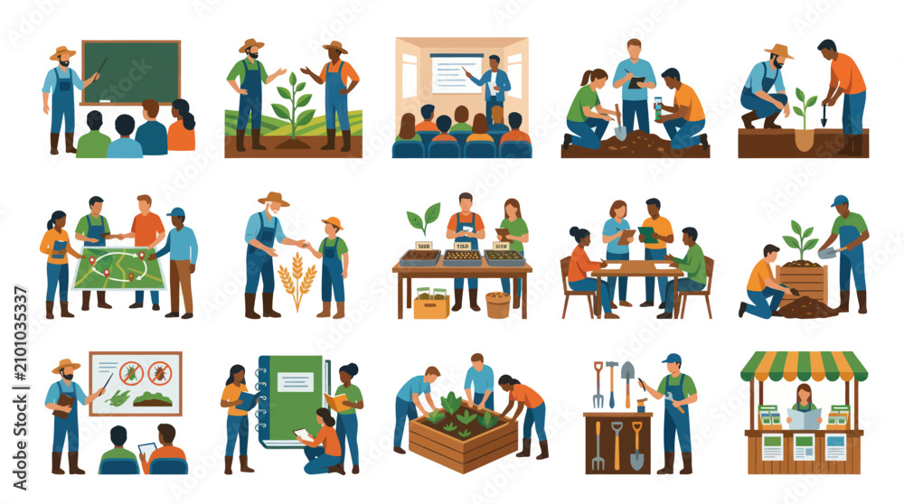 Naklejka premium Flat Style Agriculture Education Icons: Farming, Gardening, Learning, Community