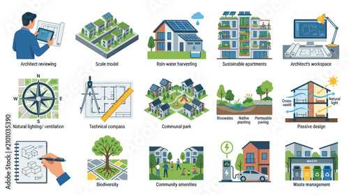 Flat Design Sustainable Architecture and Urban Planning Icons Set. Green Building and Eco-Friendly Development Concepts.