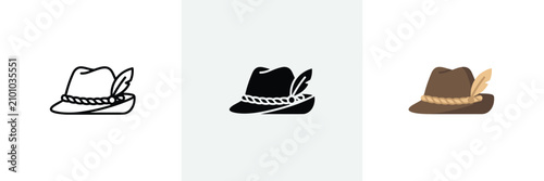 Set of three fedora hat icons with a feather and braided hatband in linear solid and colorful design styles.