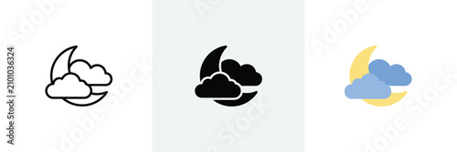 Weather icon set featuring clouds and a moon crescent in linear solid and flat color styles.