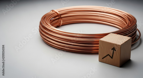 Copper coil with wooden cube showing upward trend symbol representing commodity prices outlook in market growth