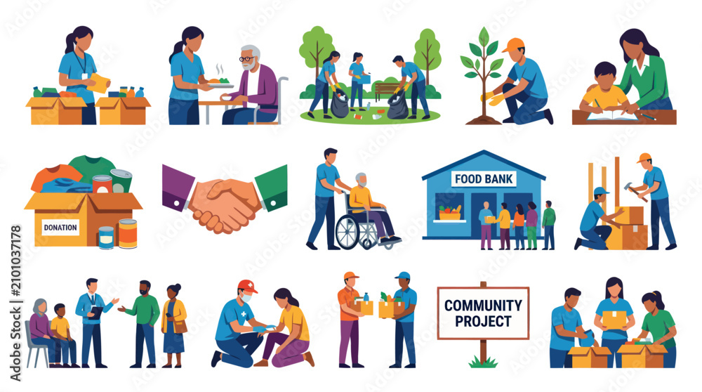 Fototapeta premium Flat Vector Illustration Set: Community Service, Charity, and Volunteering Activities for Social Aid