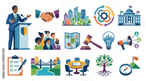Flat Design Civic Engagement, Urban Planning, and Local Government Vector Icons Set