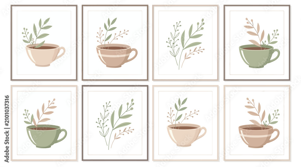Obraz premium Set of 8 Abstract Botanical Coffee Cup Illustrations - Minimalist Home Decor Art