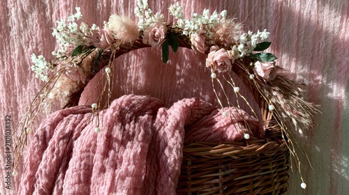 Detailed view of newborn basket with pink floral decor.