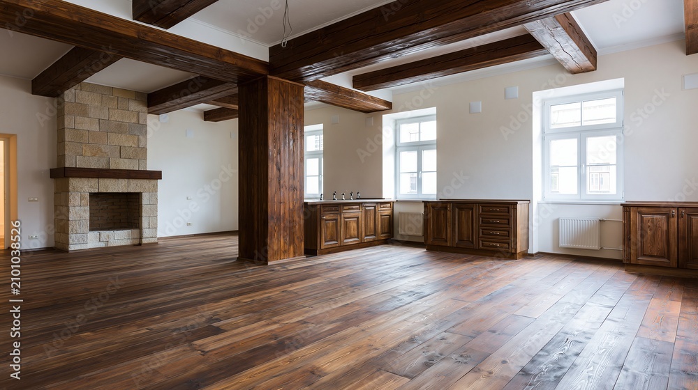 Obraz premium Spacious rustic interior with exposed wooden beams, stone fireplace, and hardwood floors