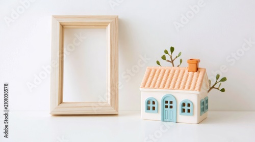 Porcelain miniature cottage beside a blank wooden frame.