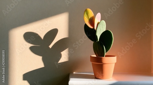 Potted cactus with artistic shadow on minimalist wall.