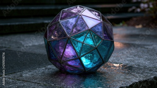 Purple and blue glowing polyhedron on wet ground.