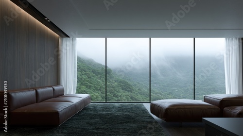 Dark modern living room with scenic mountain views.