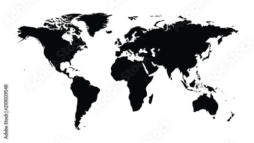 Black silhouette of a world map on a transparent background showing continents and countries  global geography  world atlas