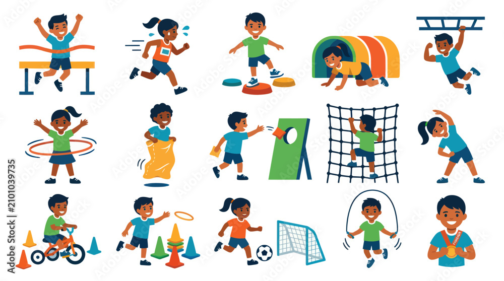 Fototapeta premium Children Physical Education Activities Set Flat Vector Illustration. Kids Playing Sports and Exercising.
