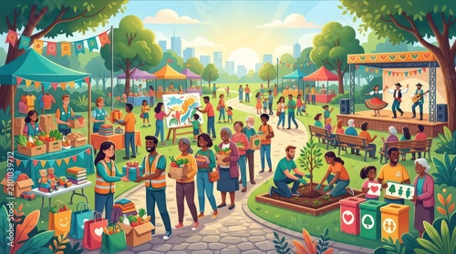 Vibrant community festival in a sunny city park with diverse people and activities.
