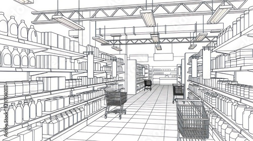 Architectural line drawing of a modern supermarket interior with shelves and carts.