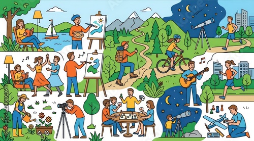 Diverse People Engaging in Outdoor Hobbies and Creative Leisure Activities Illustration.