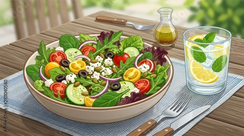 Fresh Mediterranean Greek Salad with Feta Cheese and Lemon Water on Wooden Table.