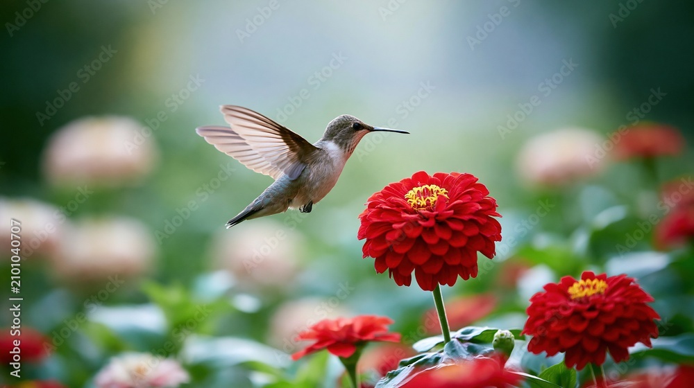 Fototapeta premium Tiny hummingbird hovering near vibrant red zinnia flowers in a sunlit garden