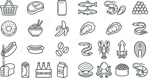 Food and seafood line icon set featuring grocery basket meat donut banana hotdog shrimp lobster and octopus
