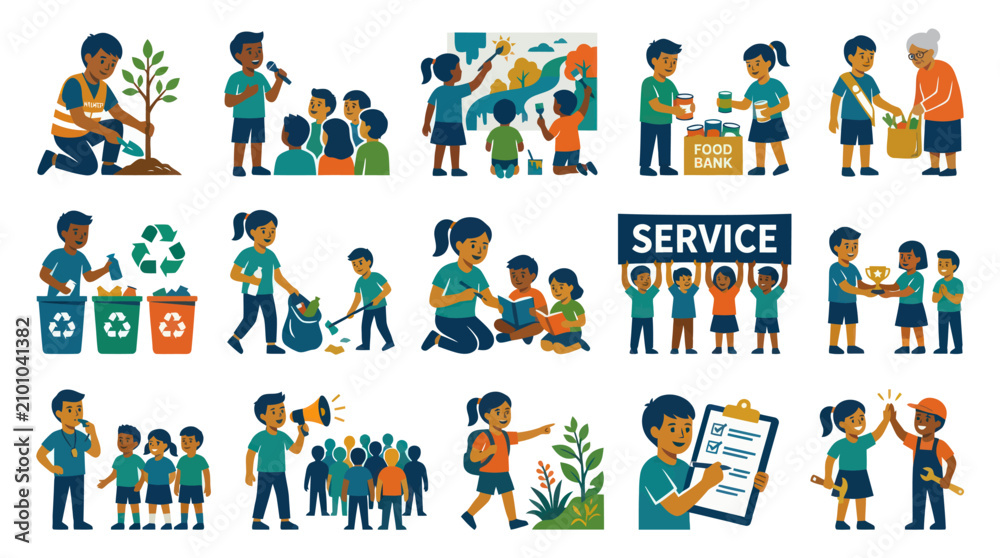 Fototapeta premium Diverse children engaged in community service, volunteering, and education flat illustration