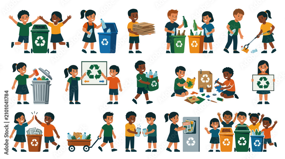 Fototapeta premium Kids Recycling Environmental Education Flat Vector Illustration Set