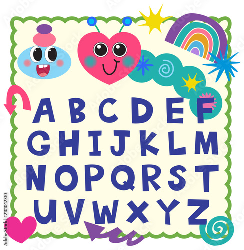 Colorful Educational Alphabet Poster with Cute Cartoon Characters and Rainbow