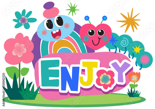 Playful Kids Cartoon Characters with Rainbow and Enjoy Typography