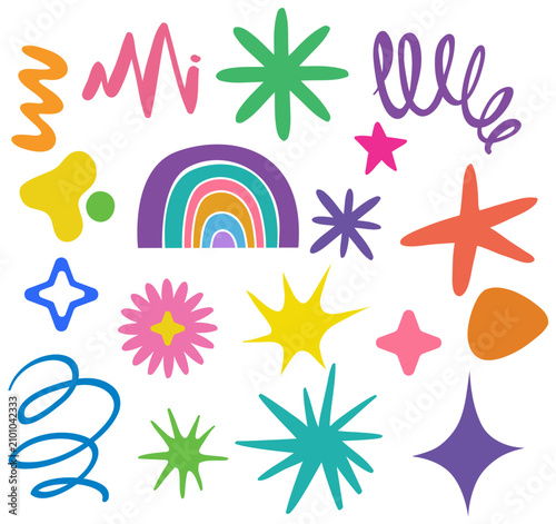 Colorful Playful Doodle Sticker Set with Rainbow and Star Shapes