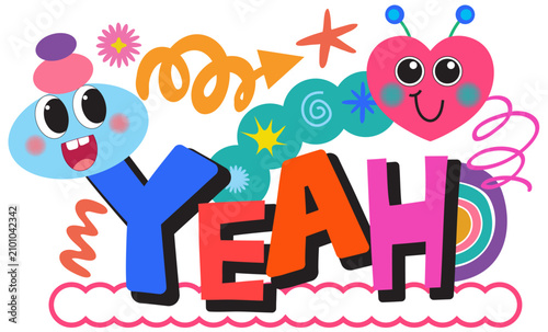 Colorful Playful Cartoon Typography with Smiling Characters and Doodle Art