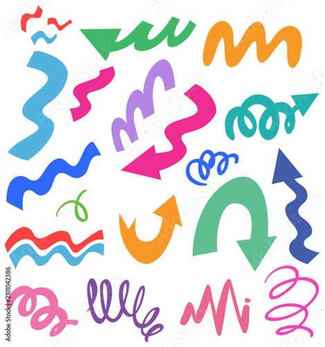 Colorful Hand Drawn Doodle Arrow and Squiggle Vector Set