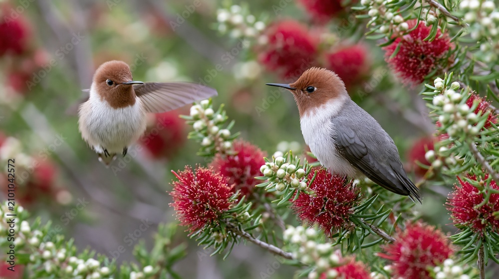 Fototapeta premium Two small hummingbirds feeding on nectar from vibrant red bottlebrush flowers in a garden setting