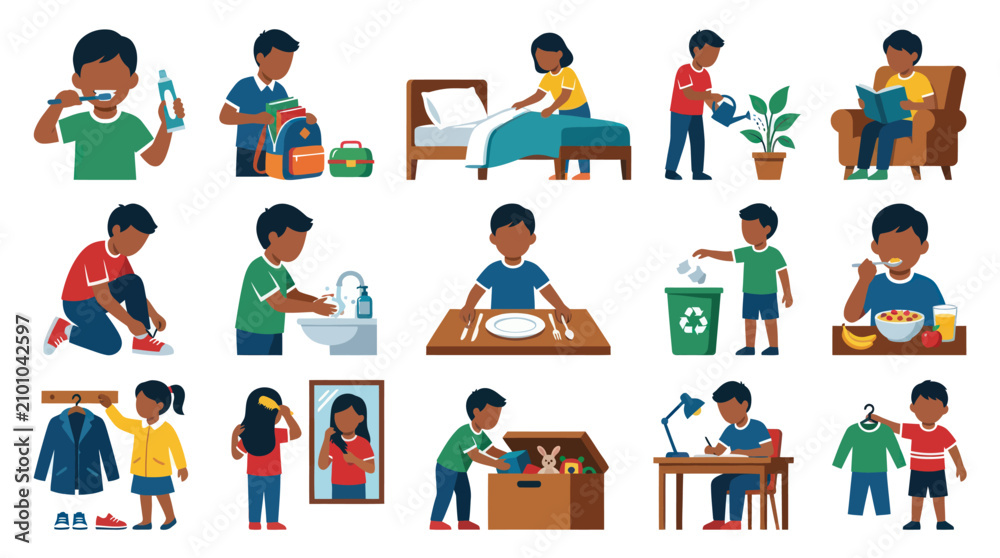 Fototapeta premium Children's Daily Routine Vector Icons: Brushing Teeth, School, Bedtime, Chores, Study