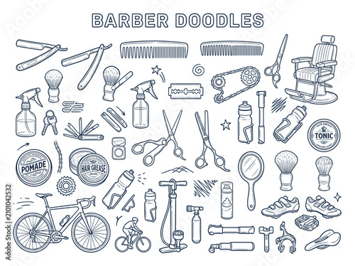 Foto Collection of vintage barber tools showing clippers scissors combs razors and sh