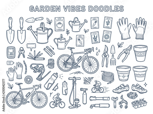 Bild auf Leinwand Collection of charming garden vibes doodles featuring gardening tools plants flo