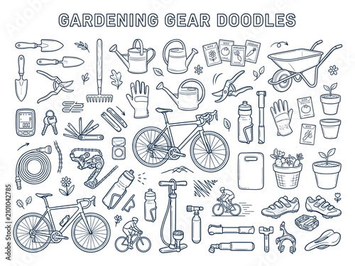 Fotografie Collection of gardening tool doodles featuring shovels trowels watering cans and