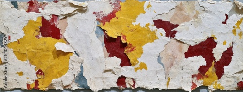 Torn paper layers reveal abstract shapes of red, yellow, and white, with hints of blue