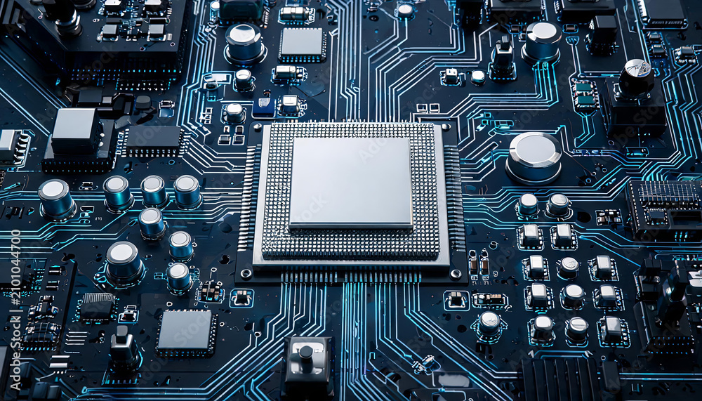 Fototapeta premium A detailed close-up of a printed circuit board featuring a central integrated chip and various electronic components.