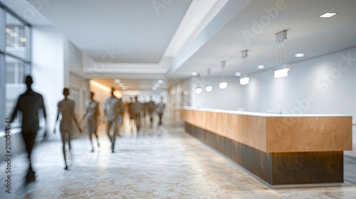 Bright, modern reception area with blurred figures walking down a long corridor