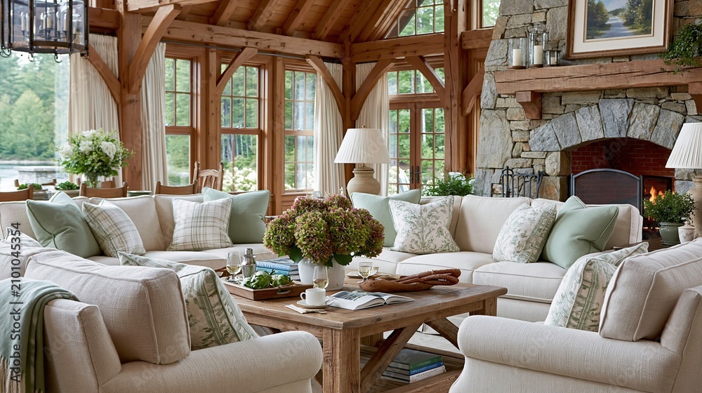 Obraz premium Cozy Rustic Living Room with Large Sectional Sofa, Stone Fireplace, and Wood Beamed Ceiling