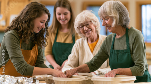 Four women laugh while making bread together