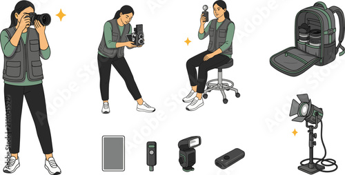Quadro su tela Professional Female Photographer Character Set with Studio Flash Light Meter Cam
