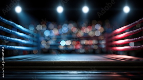 Empty boxing ring with blurred crowd and spotlights