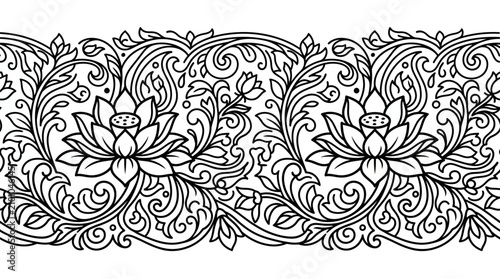 Seamless floral lotus border vector line art illustration